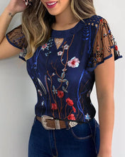 Load image into Gallery viewer, Popular Flower Embroidery Perspective Mesh Ruffle Sleeve Hollow Casual Top
