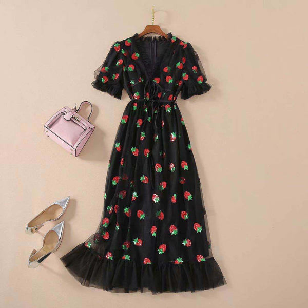 French Strawberry Four-color Sequins Sweet Long Skirt Gauze Strap Slim Fashion Dress