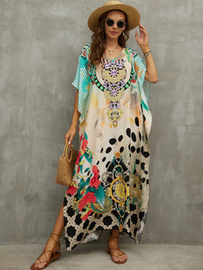 2023 Boho Kaftan Flora Printed Loose Casual Dress Autumn Vacation Wear Tunic Women Clothing Beach Wear Swim Suit Cover Up Q1464