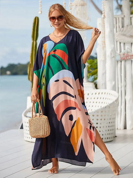 2023 Boho Printed Kaftan Summer Clothing Women Plus Size V-Neck Batwing Sleeve Beachwear Cover-ups Maxi Dress Robe Sarong Q1476