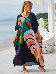 2024 Boho Printed Kaftan Summer Clothing Women Plus Size V-Neck Batwing Sleeve Beachwear Cover-ups Maxi Dress Robe Sarong Q1476