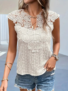 2024 euro-n Women Spring and summer V-neck lace solid color patchwork pullover sleeveless vest t-shirt