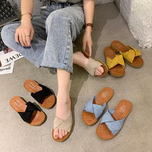 Load image into Gallery viewer, Summer Outerwear Flat Bottomed Cross Over Women&#39;s Slippers with One Line Suede Surface

