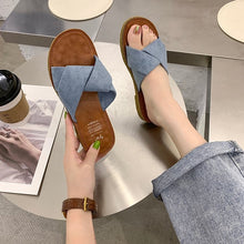 Load image into Gallery viewer, Summer Outerwear Flat Bottomed Cross Over Women&#39;s Slippers with One Line Suede Surface
