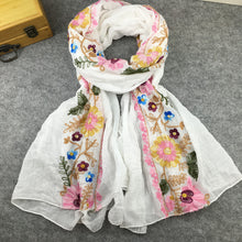 Load image into Gallery viewer, Embroidery Linen Flower Shawl Cotton and Linen Versatile Long Sunscreen Travel Scarf
