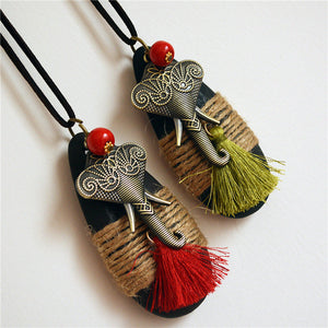 Vintage Ethnic Style New Cotton and Hemp Accessories Hemp Rope Wood Tassel Elephant Long Necklace Sweater Chain
