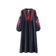 Load image into Gallery viewer, New ethnic style long sleeved mid length dress with embroidered lace up loose A-line lantern sleeve dress
