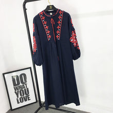 Load image into Gallery viewer, New ethnic style long sleeved mid length dress with embroidered lace up loose A-line lantern sleeve dress
