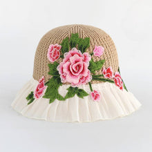 Load image into Gallery viewer, Ethnic Style Embroidery Flower Summer Visor White Brim Sun Hat Bucket Hat Sun Protection Knitted Hat
