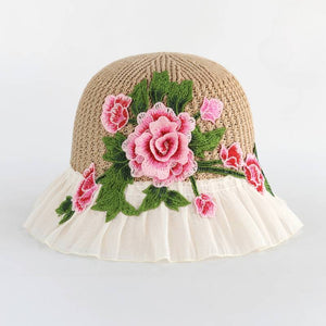 Ethnic Style Embroidery Flower Summer Visor White Brim Sun Hat Bucket Hat Sun Protection Knitted Hat