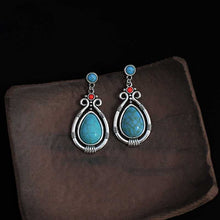 Load image into Gallery viewer, Tibetan Silver Art Retro Ethnic Style Turquoise Water Droplet Carved Earrings
