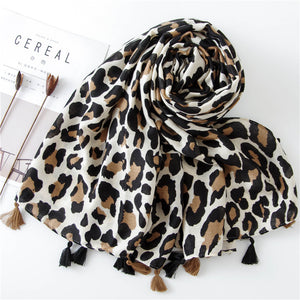 Classic Leopard Print Spring, Autumn, and Winter Long Versatile Cotton and Linen Scarf Dual Purpose Shawl