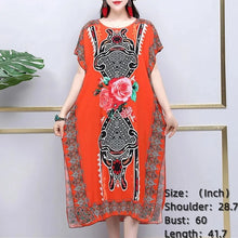 Load image into Gallery viewer, Bohemian National Style Leisure Holiday Beach Printed Poker Indonesia Floral O-neck Loose Midi Dress Pajamas Loungewear Woman
