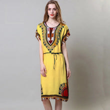 Load image into Gallery viewer, Bohemian National Style Leisure Holiday Beach Printed Poker Indonesia Floral O-neck Loose Midi Dress Pajamas Loungewear Woman
