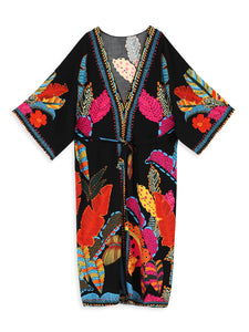 Bohemian Printed Belt Kimono Plus Size Batwing Sleeve Dress Summer Autumn Women Loose Beachwear Swimsuit Cover Up Sarong
