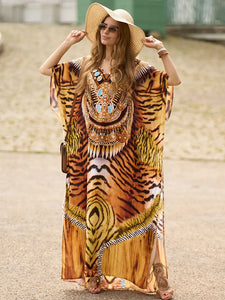 Bohemian Seaside Plus Size Print Kaftan Maxi Dress V Neck Slit Loose Robe Women 2024 Summer Beachwear Swimsuit Cover-ups Q1415