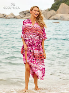Boho Quick-drying Long Kaftan Bikini Cover-ups Retro Plus Size Summer Dress Women Clothing Beach Wear Swim Suit Cover Up Q831