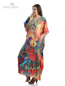 Boho Quick-drying Long Kaftan Bikini Cover-ups Retro Plus Size Summer Dress Women Clothing Beach Wear Swim Suit Cover Up Q831