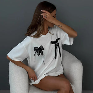 Simple Style Casual Versatile Bow Short-Sleeved T-shirt For Women O-Neck Korean Fashion Female Clothing y2k Tees Loose Tops