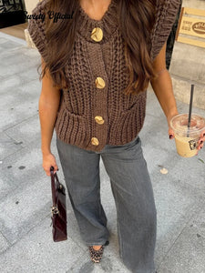 Casual Brown Knit Vest Women Vintage O Neck Single Breasted Pocket Sweater Vests 2024 Autumn Winter Solid Sleeveless Lady Tops