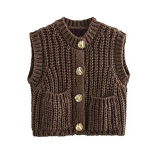 Load image into Gallery viewer, Casual Brown Knit Vest Women Vintage O Neck Single Breasted Pocket Sweater Vests 2024 Autumn Winter Solid Sleeveless Lady Tops
