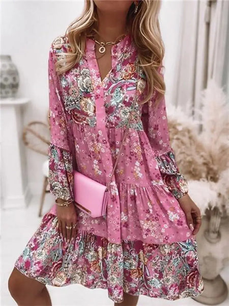 Casual Floral Print Dresses For Women 2024 Sping Summer Boho V Neck Loose A Line Dress Elegant Beach Party Dress Robe Femme