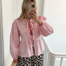 Load image into Gallery viewer, Casual Striped Lace Up Women&#39;s Shirt Fashion Long Sleeve O-neck Bow Loose Shirts 2024 Spring Summer Hollow Out Lady Outwear
