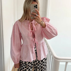 Casual Striped Lace Up Women's Shirt Fashion Long Sleeve O-neck Bow Loose Shirts 2024 Spring Summer Hollow Out Lady Outwear
