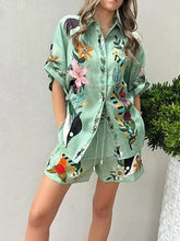 Load image into Gallery viewer, Chic Printed Summer Women Two Piece Set Short Sleeve Shirt Tops &amp; Drawstring Shorts Set Outfits
