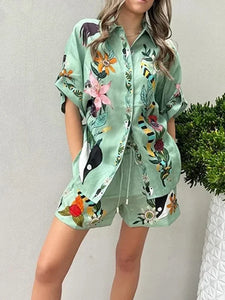 Chic Printed Summer Women Two Piece Set Short Sleeve Shirt Tops & Drawstring Shorts Set Outfits