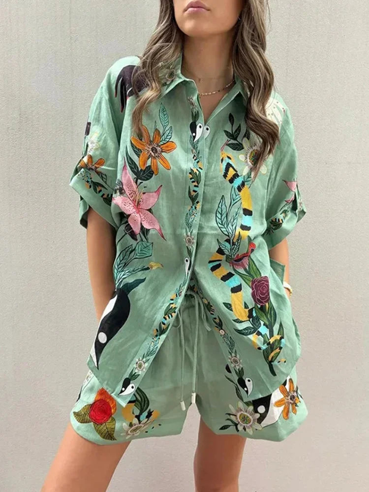 Chic Printed Summer Women Two Piece Set Short Sleeve Shirt Tops & Drawstring Shorts Set Outfits