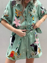 Load image into Gallery viewer, Chic Printed Summer Women Two Piece Set Short Sleeve Shirt Tops &amp; Drawstring Shorts Set Outfits
