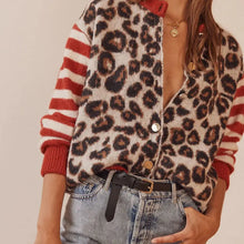 Load image into Gallery viewer, Combhasaki Women's Y2K Vintage Sweaters Aesthetic Striped Leopard Print Patchwork Button-down Round Neck Loose Fit Knitwear Coat
