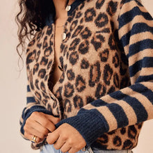 Load image into Gallery viewer, Combhasaki Women's Y2K Vintage Sweaters Aesthetic Striped Leopard Print Patchwork Button-down Round Neck Loose Fit Knitwear Coat

