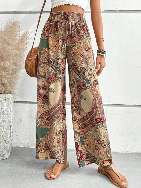 Digital Print High Waist Wide Leg Pants Ethnic Style Women's Clothing Elastic Bands Boho Pants Loose Casual Pants Beach Pants