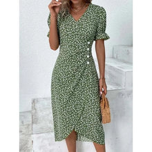 Load image into Gallery viewer, Elegant Floral Pleated H shaped Midi Dress Female V Neck Puff Sleeve Waist Ruched Button Dresses Women Summer Dress Robe
