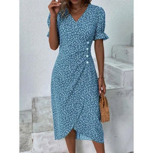 Load image into Gallery viewer, Elegant Floral Pleated H shaped Midi Dress Female V Neck Puff Sleeve Waist Ruched Button Dresses Women Summer Dress Robe
