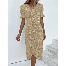 Load image into Gallery viewer, Elegant Floral Pleated H shaped Midi Dress Female V Neck Puff Sleeve Waist Ruched Button Dresses Women Summer Dress Robe
