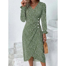 Load image into Gallery viewer, Elegant Floral Pleated H shaped Midi Dress Female V Neck Puff Sleeve Waist Ruched Button Dresses Women Summer Dress Robe
