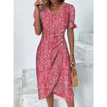 Load image into Gallery viewer, Elegant Floral Pleated H shaped Midi Dress Female V Neck Puff Sleeve Waist Ruched Button Dresses Women Summer Dress Robe
