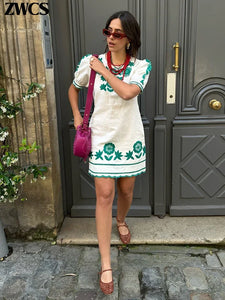 Elegant Flower Embroidery Wave Edge Dress Women Short Puff Sleeve O-neck Contrast Mini Dresses 2024 Summer Female Chic Vestidos
