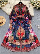 Load image into Gallery viewer, Elegant Lantern Sleeve Single-breasted Dress Bohemian Slim Waist Belt Fashion Dresses Women Vintage A-line Print Party Vestidos
