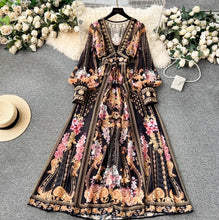 Load image into Gallery viewer, Elegant Lantern Sleeve Single-breasted Dress Bohemian Slim Waist Belt Fashion Dresses Women Vintage A-line Print Party Vestidos
