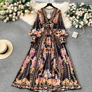 Elegant Lantern Sleeve Single-breasted Dress Bohemian Slim Waist Belt Fashion Dresses Women Vintage A-line Print Party Vestidos