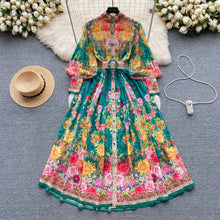 Load image into Gallery viewer, Elegant Lantern Sleeve Single-breasted Dress Bohemian Slim Waist Belt Fashion Dresses Women Vintage A-line Print Party Vestidos
