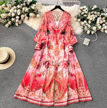 Load image into Gallery viewer, Elegant Lantern Sleeve Single-breasted Dress Bohemian Slim Waist Belt Fashion Dresses Women Vintage A-line Print Party Vestidos
