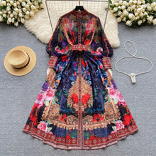 Load image into Gallery viewer, Elegant Lantern Sleeve Single-breasted Dress Bohemian Slim Waist Belt Fashion Dresses Women Vintage A-line Print Party Vestidos
