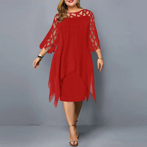 Elegant Midi Party Dress For Chubby Women Xxl O Neck Lace Sleeve Hollow Out Solid Sexy Women'S Clothing  Evening Dresses 2023