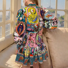 Load image into Gallery viewer, Elegant Vintage Lantern Sleeve Short Dress Women Autumn Spring Buttons Print Sash Ruffles Party Evening Dresses Fashion Vestidos
