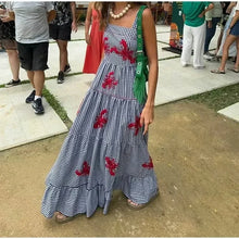 Load image into Gallery viewer, Embroidery Plaid Long Dresses Women Sleeveless Slip Midi Dress Woman Pleated Backless Beach Dress Vintage Summer Dress
